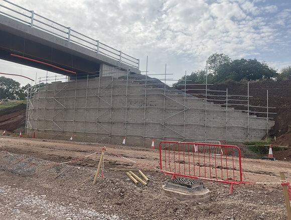 A bridge abutment under construction as part of the M42 Junction 6 improvement project.